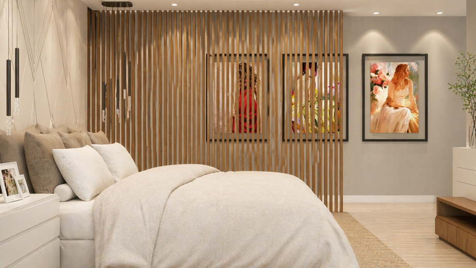 Dormitório da suíte master do casal organizado com cama central e layout funcional que separa descanso, preparo pessoal e circulação, garantindo fluidez e uso intuitivo. Eixo entre entrada e closet cria transição gradual, com elementos filtrantes e iluminação que orientam o percurso. Abertura ampla traz luz natural e ventilação, melhorando conforto térmico e qualidade do ar, com vista para vegetação que reforça o relaxamento. Marcenaria integrada reduz interferências visuais, enquanto paleta neutra e iluminação em camadas criam ambiente acolhedor, estável e propício ao sono.