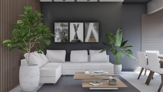 RESIDÊNCIA VWT | Sala de Estar TV e Varanda | Praia de Itaparica, Vila Velha - ES | 2024 [FELIPE MILWARD ARQUITETURA]

Ambiente integrado com sala de estar, TV, jantar e varanda gourmet, sem porta de separação, favorecendo continuidade visual, iluminação natural e ventilação cruzada. Painel vazado em MDF delimita os espaços de forma sutil. Piso em porcelanato cimentício, paredes em tons de cinza escuro e cimento queimado reforçam a linguagem contemporânea. Jardim vertical traz vegetação ao interior, mesa de jantar ocupa posição central, com marcenaria sob medida, elementos industriais e forro de gesso com sancas irregulares.