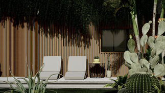 Casa contemporânea de volumetria monolítica em concreto aparente, com fachada filtrante, brises ripados, esquadrias amplas e vegetação integrada, promovendo conforto ambiental e integração interior–exterior.