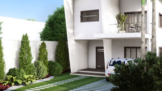 Residência unifamiliar contemporânea com volumetria longitudinal em blocos hierarquizados, embasamento térreo sólido em pedra e volume superior recuado com varandas sombreadas, cobertura em duas águas e estrutura em concreto aparente; fachada em tons claros com esquadrias retas, porta pivotante de acesso e integração visual com o paisagismo, favorecendo luz natural, ventilação cruzada e conforto ambiental.