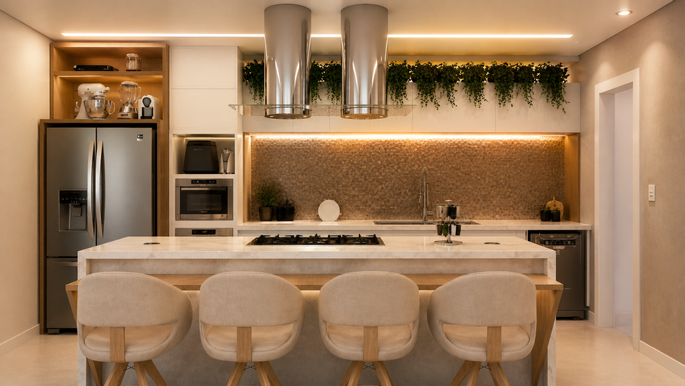 Cozinha contemporânea com ilha central integrando preparo, apoio e convivência, favorecendo fluxo eficiente e uso simultâneo. Bancada clara amplia a luminosidade e a sensação de organização, enquanto detalhes em madeira trazem equilíbrio térmico. Assentos voltados para a ilha incentivam interação. Marcenaria planejada com eletrodomésticos embutidos e nichos abertos garante praticidade e continuidade visual. Revestimento texturizado e iluminação linear qualificam a área de trabalho. Vegetação superior reforça o conforto ambiental e o bem-estar.