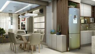 RESIDÊNCIA SGC | Sala de Estar, Jantar e TV integrados à Cozinha e Lavanderia  | Praia de Itapoã, Vila Velha - ES | 2020 [FELIPE MILWARD ARQUITETURA]

Ambiente integrado de 37,51 m² com sala de estar e TV, jantar, cozinha e lavanderia dispostos em espaço contínuo. Mesa de jantar central em área social com paleta neutra e iluminação linear embutida no forro. Espelhos ampliam a sensação de profundidade e refletem a luz natural. Marcenaria com ripas verticais e nichos com plantas faz a transição entre sala e cozinha. Cozinha e lavanderia integradas em volumes claros e alinhados, com organização funcional e visual limpa.