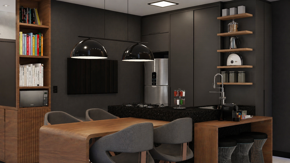 Estúdio residencial reformado com layout integrado e contínuo, otimizando área existente sem ampliação. Espaços de estar, cozinha, trabalho e descanso se conectam com fluidez, melhorando circulação e percepção espacial. Elemento central organiza preparo e convivência, com marcenaria embutida que reduz interferências visuais e aumenta a funcionalidade. Setor íntimo mais reservado, com conforto acústico e atmosfera acolhedora para foco e descanso. Vegetação e aberturas ampliam luz natural e ventilação, melhorando o microclima e o bem-estar.