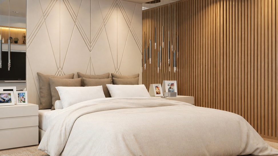 Dormitório da suíte master do casal organizado com cama central e layout funcional que separa descanso, preparo pessoal e circulação, garantindo fluidez e uso intuitivo. Eixo entre entrada e closet cria transição gradual, com elementos filtrantes e iluminação que orientam o percurso. Abertura ampla traz luz natural e ventilação, melhorando conforto térmico e qualidade do ar, com vista para vegetação que reforça o relaxamento. Marcenaria integrada reduz interferências visuais, enquanto paleta neutra e iluminação em camadas criam ambiente acolhedor, estável e propício ao sono.
