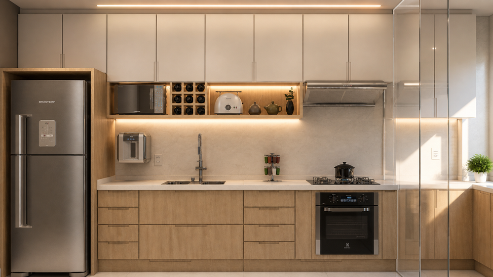 Cozinha e lavanderia integradas com layout linear contínuo, organizando preparo, cocção e higienização de forma eficiente. Divisória translúcida separa funções sem perder a integração visual. Marcenaria sob medida com nichos, adega e eletrodomésticos embutidos garante organização e praticidade. Iluminação linear sob armários valoriza a bancada, com luz geral difusa para conforto visual. Paleta clara amplia a luminosidade natural, enquanto ventilação e vegetação pontual melhoram o microclima e a qualidade do ambiente.
