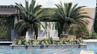 Área de lazer residencial com piscina retangular de linhas contemporâneas, bar molhado integrado à lâmina d’água, espreguiçadeiras e mobiliário externo, paisagismo tropical com palmeiras e vegetação em diferentes estratos, edícula de apoio com pergolado e materiais naturais, criando ambiente sofisticado, biofílico e voltado ao bem-estar.