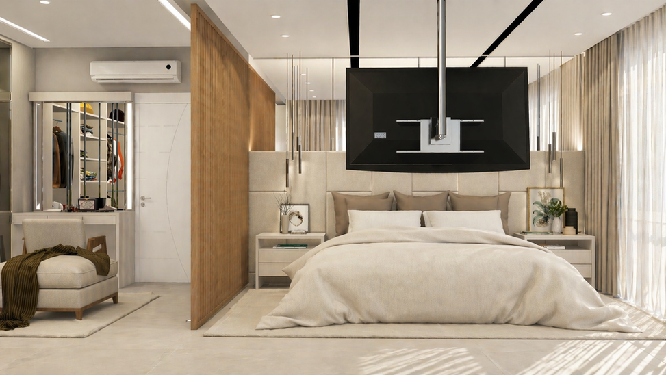 Suíte integrada com closet em “U” e dormitório contínuo, organizada para fluidez, conforto e clareza de uso. Marcenaria planejada com penteadeira otimiza armazenamento e ergonomia. Elemento ripado permeável separa os ambientes sem perder a amplitude. Dormitório com cama central, circulação livre e TV suspensa. Aberturas laterais e acesso à varanda garantem ventilação cruzada e luz natural abundante. Iluminação regulável e materiais em tons neutros criam atmosfera acolhedora, organizada e propícia ao descanso.
