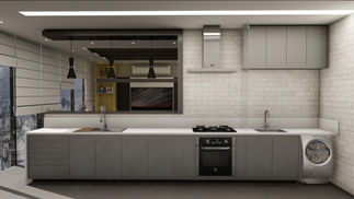 RESIDÊNCIA ARD | Sala de Estar, TV, Jantar, Cozinha e Lavanderia integrados | 2020 [FELIPE MILWARD ARQUITETURA]

Ambiente integrado de estar, jantar, TV, cozinha e lavanderia, com linguagem contemporânea e continuidade espacial, definido por forro em gesso com planos rebaixados e rasgos lineares que integram iluminação direta e indireta. Paleta neutra em tons de cinza, preto e off-white, com destaque cromático em nicho mostarda, combinada a texturas de concreto, alvenaria aparente, madeira e presença pontual de vegetação, criando equilíbrio entre sofisticação, funcionalidade e conforto visual.