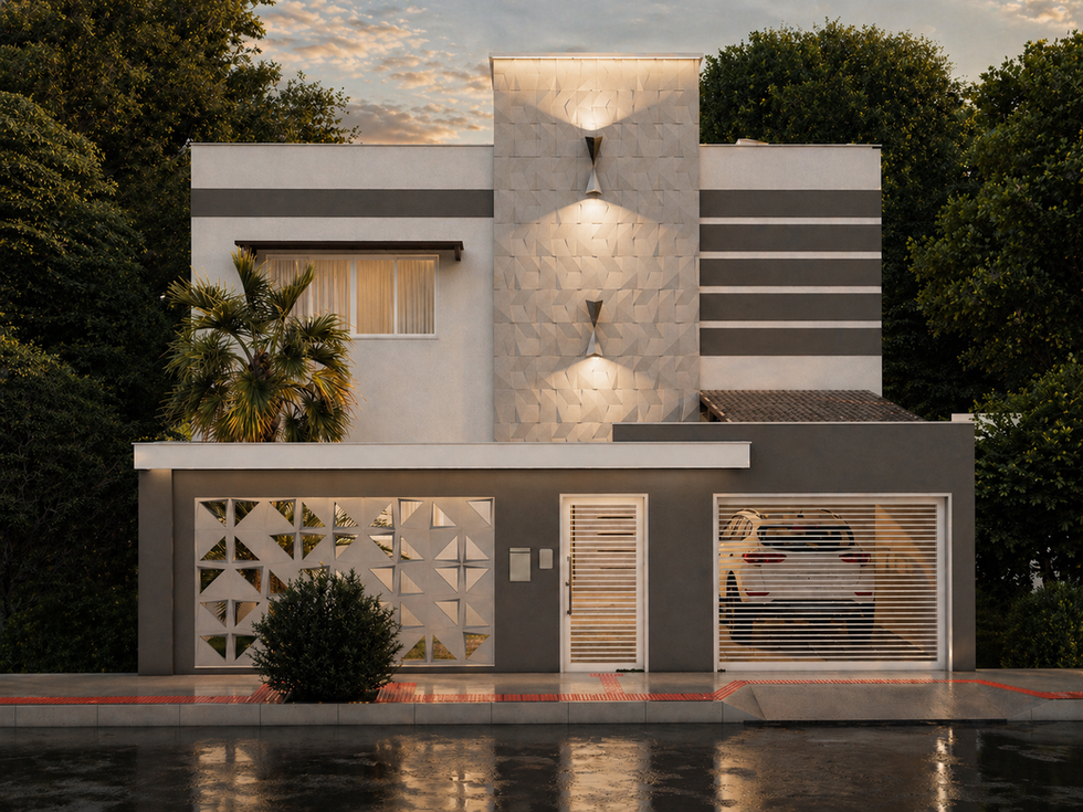 Fachada contemporânea reorganizada como sistema integrado entre arquitetura, limite e paisagem, com maior abertura para a rua e ampliação da permeabilidade. Embasamento frontal liberado com áreas permeáveis e vegetação melhora drenagem e conexão visual. Volumetria em planos com cheios e vazios bem definidos, destacada por elemento vertical que confere identidade. Saliências, reentrâncias e iluminação embutida valorizam a composição ao longo do dia e da noite. Elementos permeáveis garantem privacidade com ventilação e luz natural, favorecendo conforto térmico e qualidade ambiental.