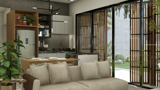 RESIDÊNCIA MHSC | Sala de Estar, Jantar e TV integrados à Cozinha | Ilha dos Bentos, Vila Velha - ES | 2021 [FELIPE MILWARD ARQUITETURA]

Ambiente integrado de 22,80 m² com sala de estar e TV, copa e cozinha dispostos em espaço contínuo e aberto. Parede de fundo em tom grafite com linha de LED decorativa organiza visualmente o ambiente. Paleta neutra com móveis claros, madeira e ilha em pedra escura. Marcenaria integrada e iluminação indireta no forro criam atmosfera acolhedora. Plantas em vasos adicionam contraste e conexão com a natureza, reforçando sensação de conforto e uso funcional do espaço.