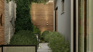 Jardim de inverno em corredor lateral residencial, com vegetação exuberante integrada a paredes em madeira e revestimento claro, percurso em placas sobre seixos e banco em madeira, criando um ambiente contemplativo, biofílico e de conexão sensorial entre arquitetura e natureza.