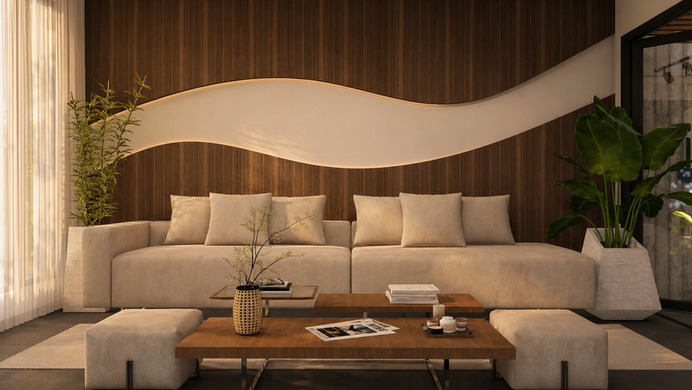 Ambiente de recepção integrado para chegada e permanência, com layout que organiza fluxos e amplia a continuidade com o exterior. Painel de fundo curvo traz movimento e suaviza a geometria, enquanto plano de cor mais escura organiza a profundidade e reduz ruído visual. Aberturas amplas garantem luz natural e ventilação cruzada, com vista para jardim que reforça o acolhimento, contemplação e contato com a natureza. Materiais e iluminação integrados valorizam volumes e permitem diferentes ambiências.