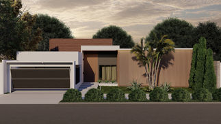 Residência com fachada aberta e integrada à rua, volumetria dialogando com o entorno, parede dupla ripada como filtro térmico e jardim permeável com espécies nativas, promovendo conforto ambiental e conexão urbana.