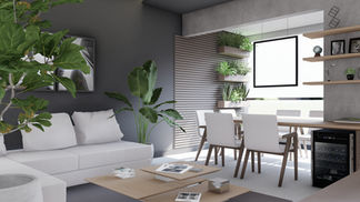 RESIDÊNCIA VWT | Sala de Estar TV e Varanda | Praia de Itaparica, Vila Velha - ES | 2024 [FELIPE MILWARD ARQUITETURA]

Ambiente integrado com sala de estar, TV, jantar e varanda gourmet, sem porta de separação, favorecendo continuidade visual, iluminação natural e ventilação cruzada. Painel vazado em MDF delimita os espaços de forma sutil. Piso em porcelanato cimentício, paredes em tons de cinza escuro e cimento queimado reforçam a linguagem contemporânea. Jardim vertical traz vegetação ao interior, mesa de jantar ocupa posição central, com marcenaria sob medida, elementos industriais e forro de gesso com sancas irregulares.