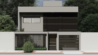 Fachada de residência urbana reformada, com volumetria contemporânea composta por prismas ortogonais, embasamento horizontal e volume superior mais leve, marcada por tons neutros, planos contínuos e painéis horizontais que funcionam como filtros de luz e ventilação, com vegetação integrada suavizando a composição e reforçando a relação entre arquitetura, conforto ambiental e paisagem.