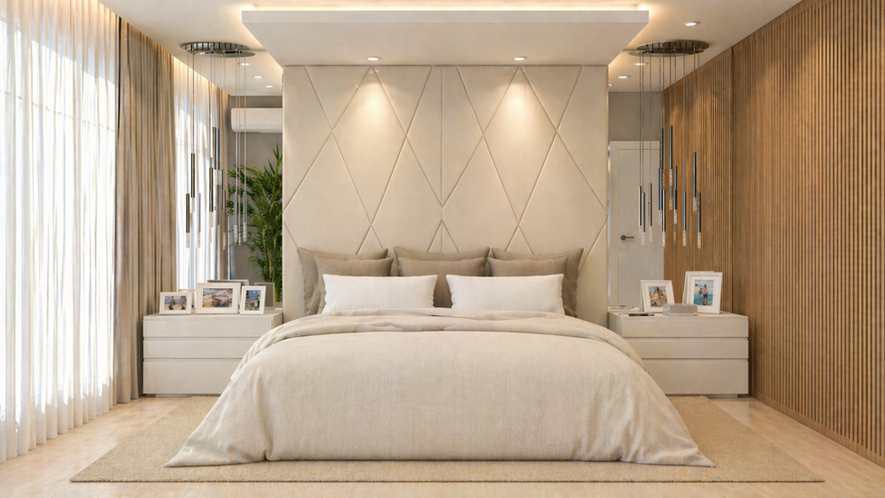 Dormitório da suíte master do casal organizado com cama central e layout funcional que separa descanso, preparo pessoal e circulação, garantindo fluidez e uso intuitivo. Eixo entre entrada e closet cria transição gradual, com elementos filtrantes e iluminação que orientam o percurso. Abertura ampla traz luz natural e ventilação, melhorando conforto térmico e qualidade do ar, com vista para vegetação que reforça o relaxamento. Marcenaria integrada reduz interferências visuais, enquanto paleta neutra e iluminação em camadas criam ambiente acolhedor, estável e propício ao sono.