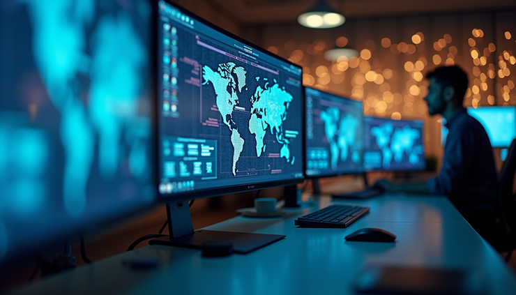 Eye-level view of a modern workspace with multiple screens showing AI data models