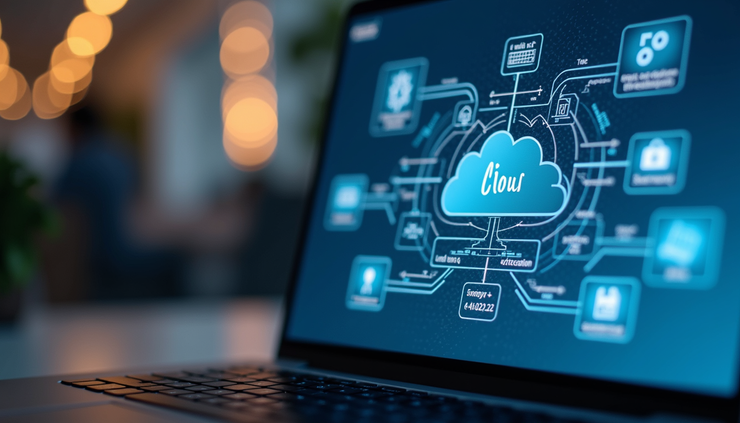 Close-up view of a laptop screen showing a cloud architecture diagram for AI deployment