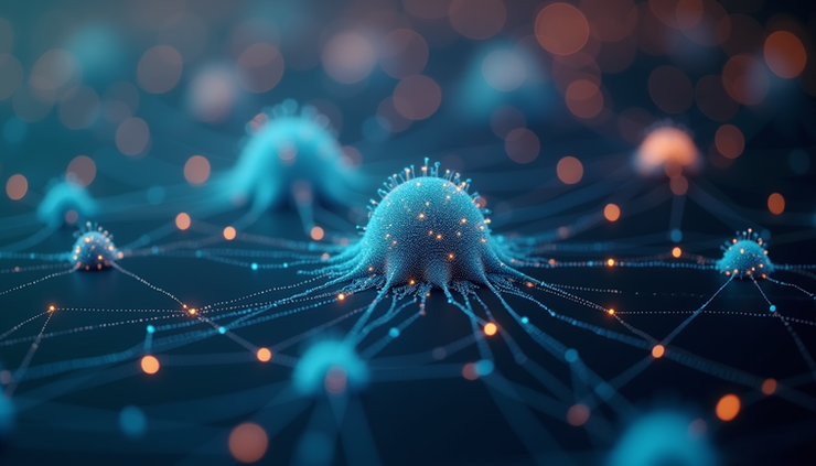 High angle view of interconnected digital nodes representing multi-agent communication