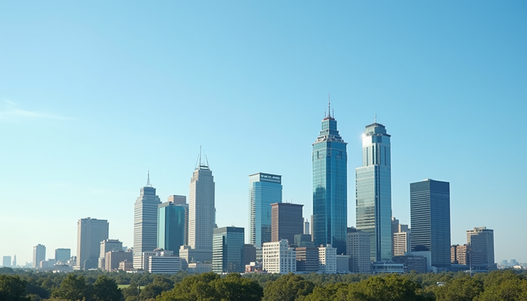 Eye-level view of a modern Texas city skyline with skyscrapers under a clear blue sky
