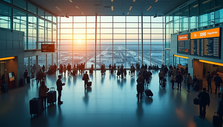 High angle view of a busy airport terminal with travelers and flight information screens
