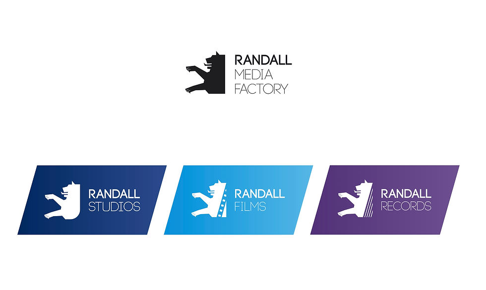 Three logos: "Randall Media Factory" in black and white, "Randall Studios" in blue, "Randall Films" in light blue, "Randall Records" in purple.