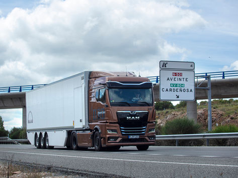 MAN LKW auf Autobahn unter Brücke, braunes Fahrerhaus, weißer Anhänger. Straßenschild zeigt nach Aveinte und Cardenosa. Bewölkter Himmel.