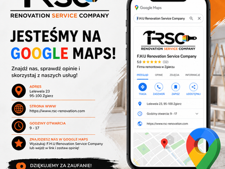 R.S.C Renovation Service Company jest już dostępne w Google Maps. Nasza wizytówka Google ułatwia szybki kontakt oraz dostęp do informacji o usługach takich jak remonty mieszkań i domów wykończenia wnętrz układanie parkietów renowacja podłóg drewnianych oraz wypożyczalnia narzędzi w Łodzi Zgierzu i okolicach. Na profilu Google publikujemy realizacje zdjęcia projektów aktualności oraz informacje dla klientów szukających sprawdzonej firmy remontowo-wykończeniowej.