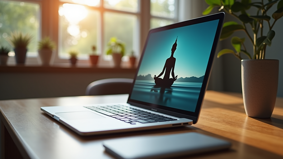 Eye-level view of a laptop displaying a meditation app on a wooden desk