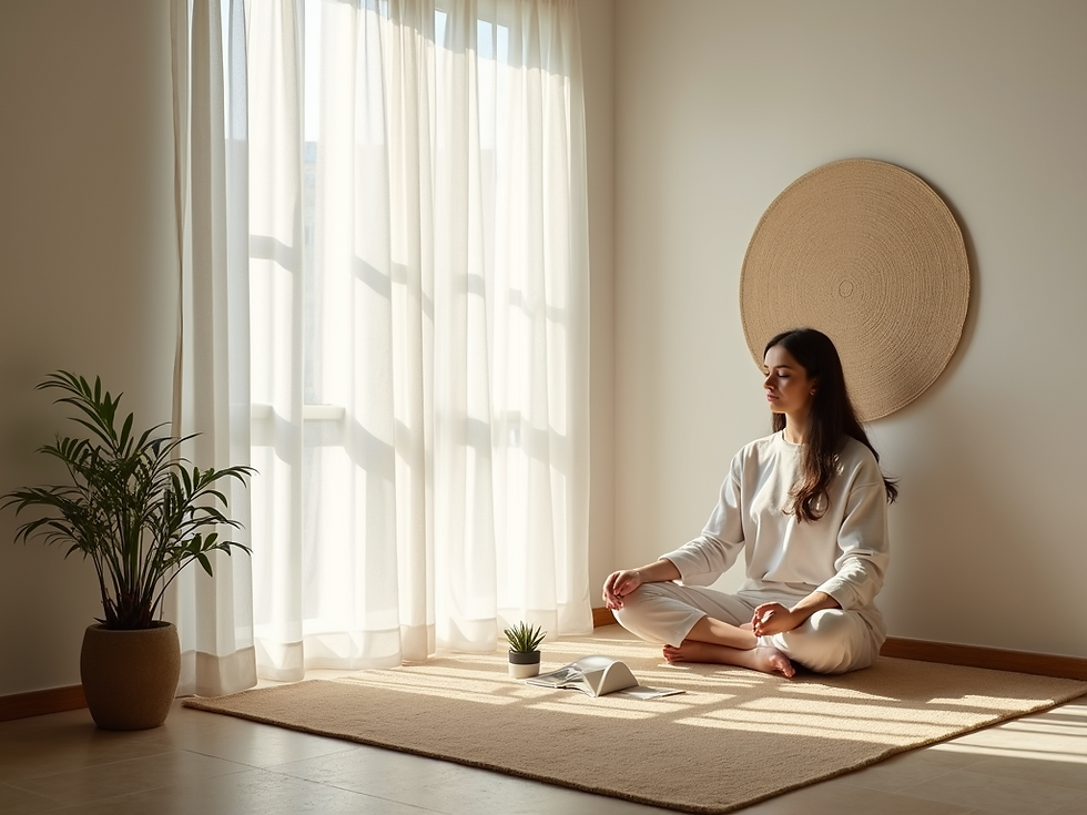 Close-up view of a person sitting cross-legged on a wooden floor meditating