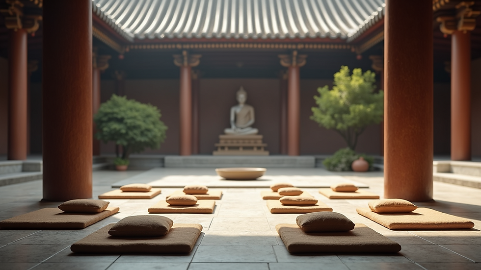 Eye-level view of a serene ancient temple courtyard with meditation cushions