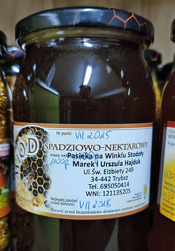 miód spadziowo-nektarowy w szklanym słoiku