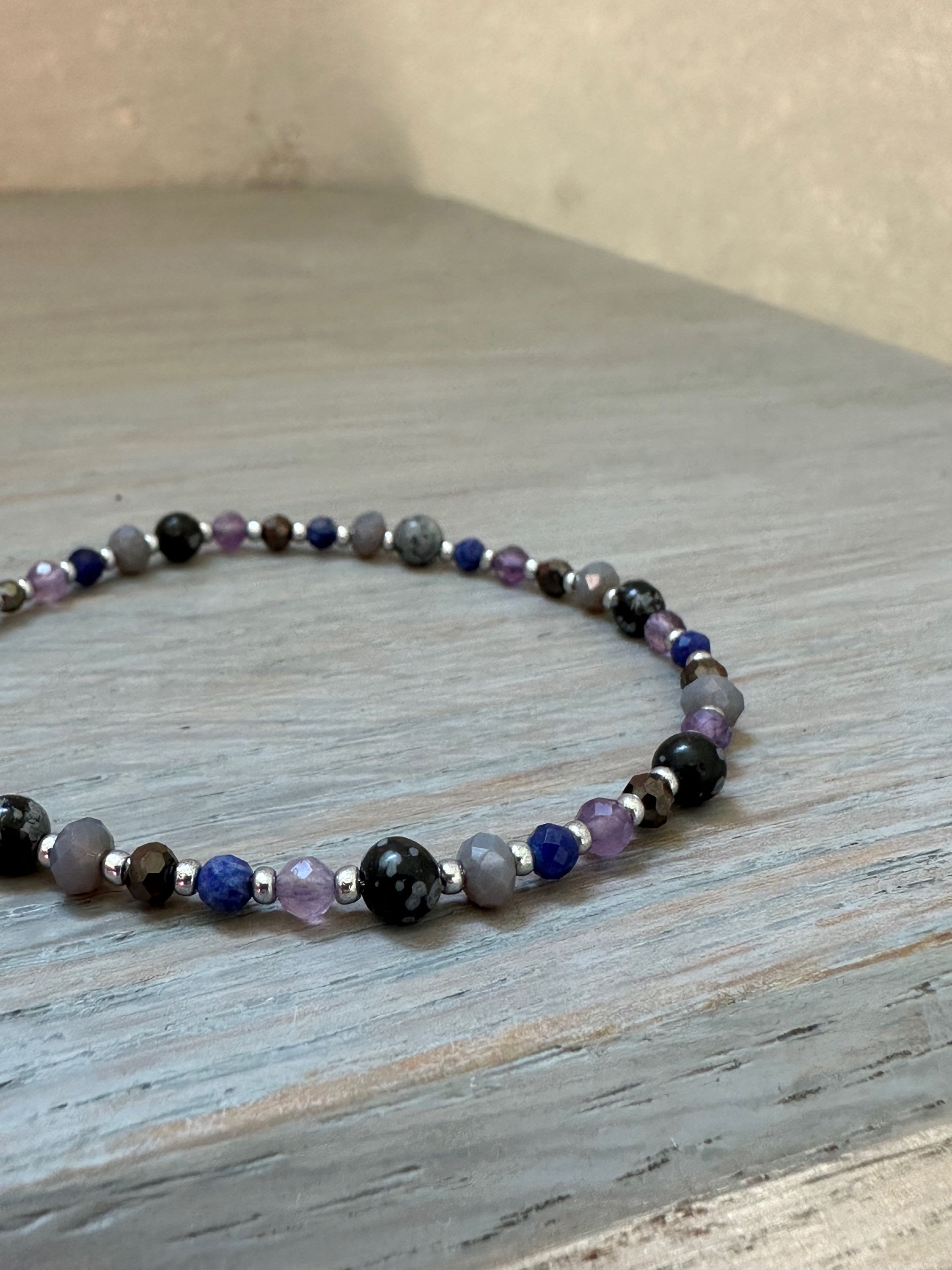Grey gemstone bracelet with purple amethyst and silver
