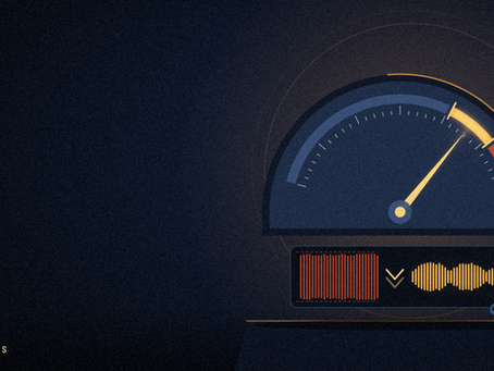 A large loudness gauge whose needle rests in a glowing amber target zone, above a waveform that shrinks from a flattened red block to a dynamic amber shape, with a phone and earbuds nearby.