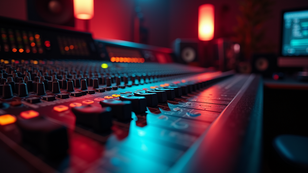 Eye-level view of a sound mixing console with various knobs and sliders
