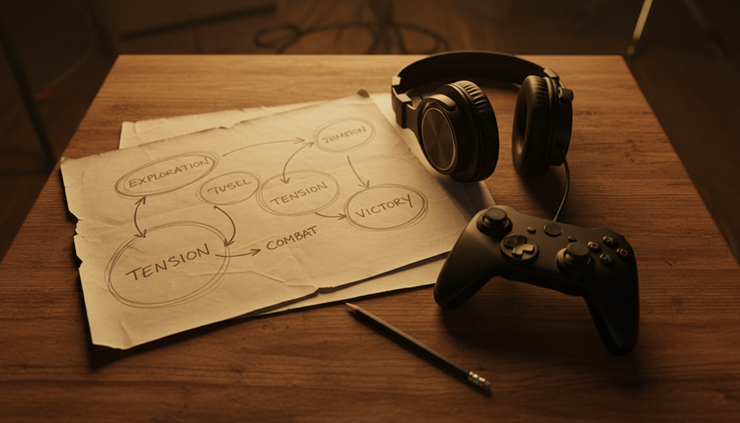 Overhead view of handwritten music cue sheets beside a game controller and headphones.