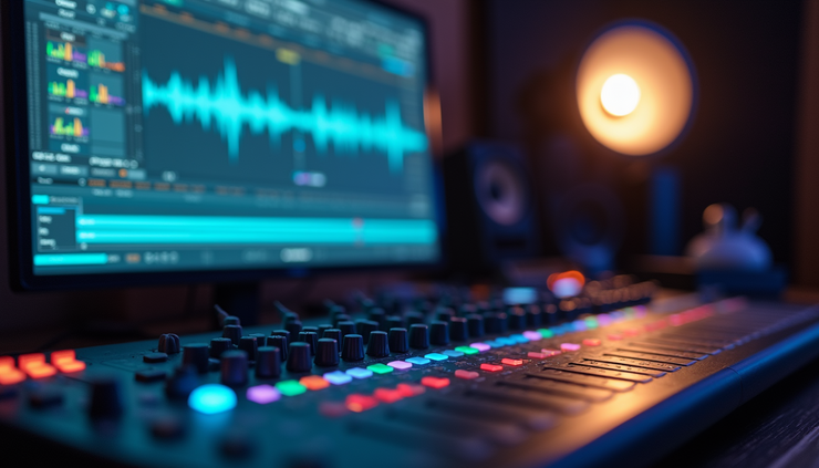 Close-up view of a mixing console with sound waveforms on screen