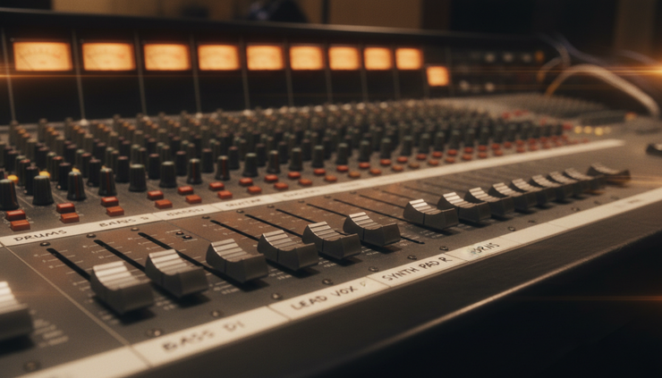 Close-up view of faders and glowing meters on a large analog mixing console