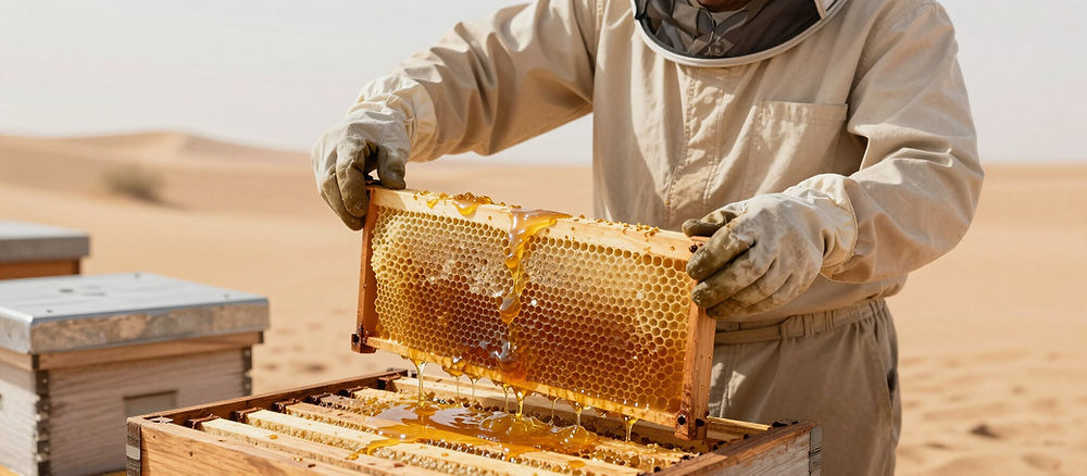Beekeeper in desert holding honeycomb with dripping honey