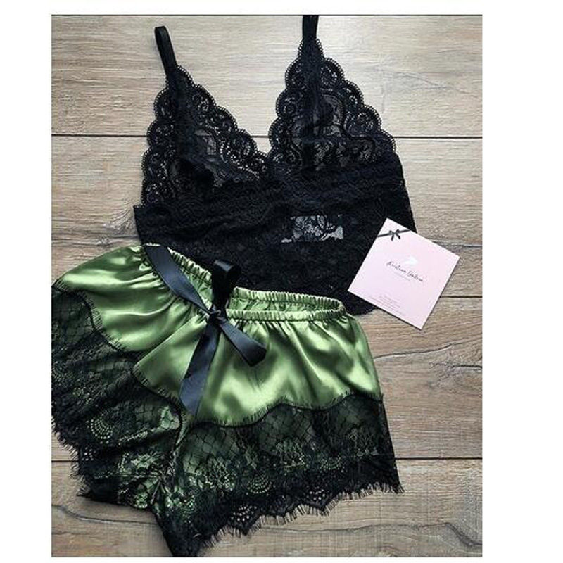 Thumbnail: Lace Satin Lingerie Two Piece Set