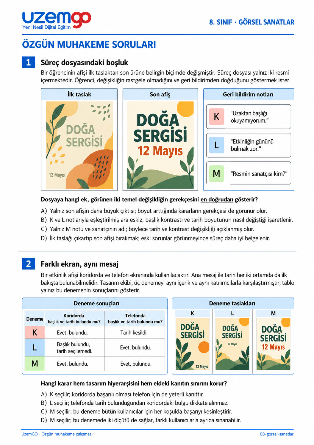 8. sınıf Görsel Sanatlar: 1. soru sayfası. Erişilebilir metin aşağıdadır.