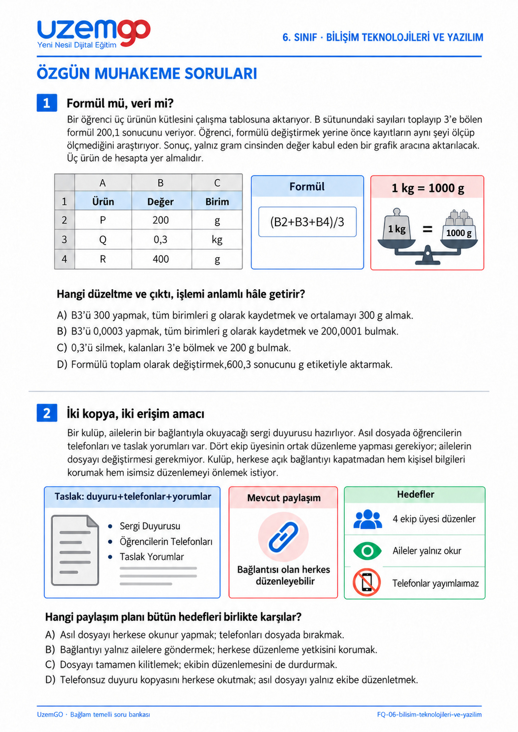 6. sınıf Bilişim Teknolojileri ve Yazılım: 1. soru sayfası. Erişilebilir metin aşağıdadır.
