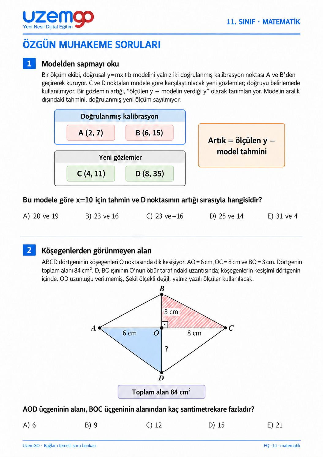 11. sınıf Matematik: 1. soru sayfası. Erişilebilir metin aşağıdadır.