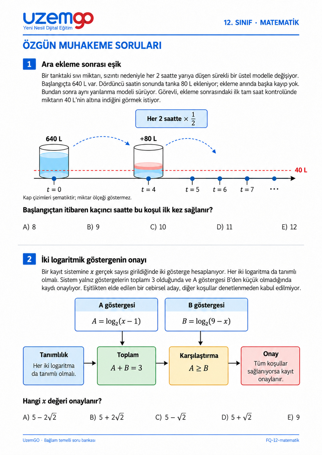 12. sınıf Matematik: 1. soru sayfası. Erişilebilir metin aşağıdadır.