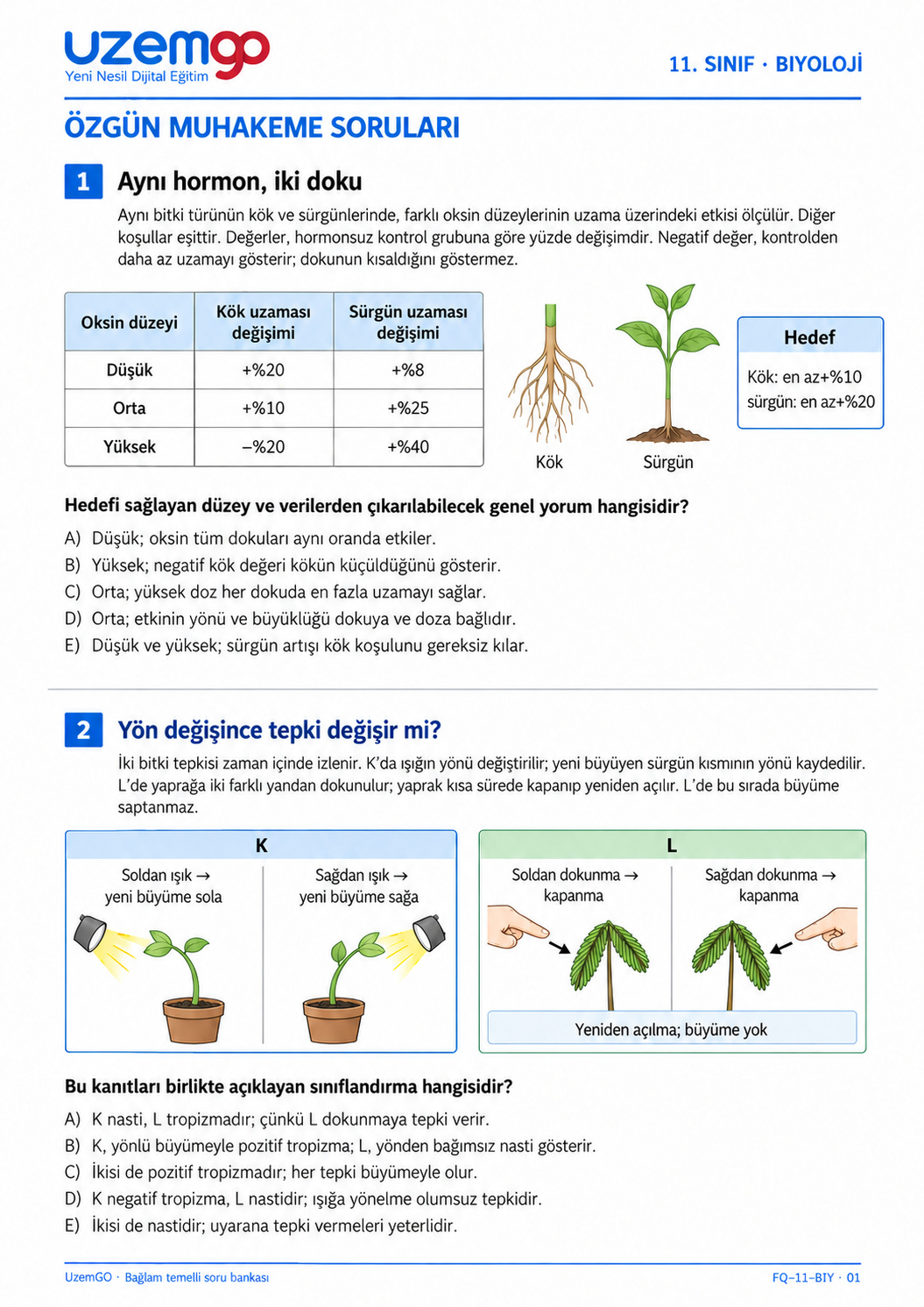 11. sınıf Biyoloji: 1. soru sayfası. Erişilebilir metin aşağıdadır.
