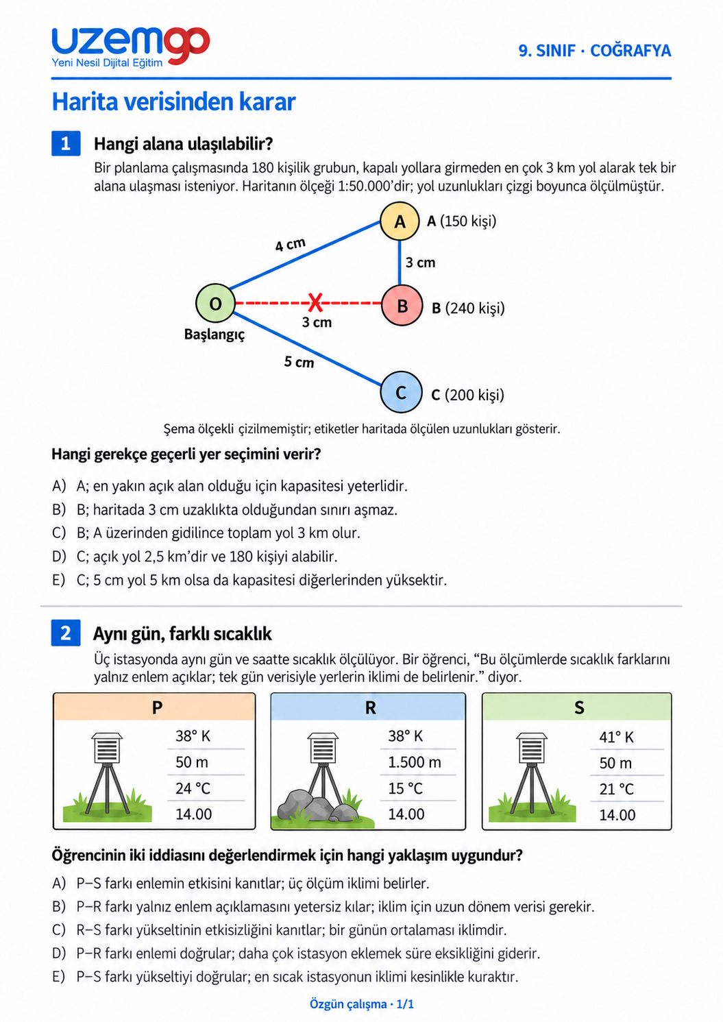 9. sınıf Coğrafya: 1. soru sayfası. Erişilebilir metin aşağıdadır.