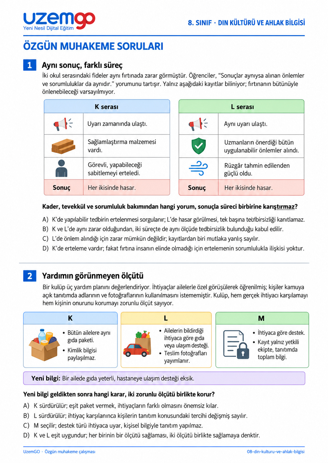 8. sınıf Din Kültürü ve Ahlak Bilgisi: 1. soru sayfası. Erişilebilir metin aşağıdadır.