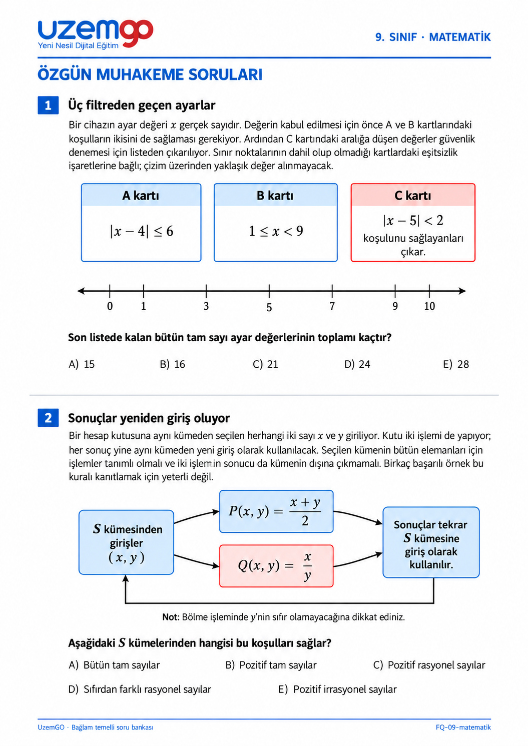 9. sınıf Matematik: 1. soru sayfası. Erişilebilir metin aşağıdadır.