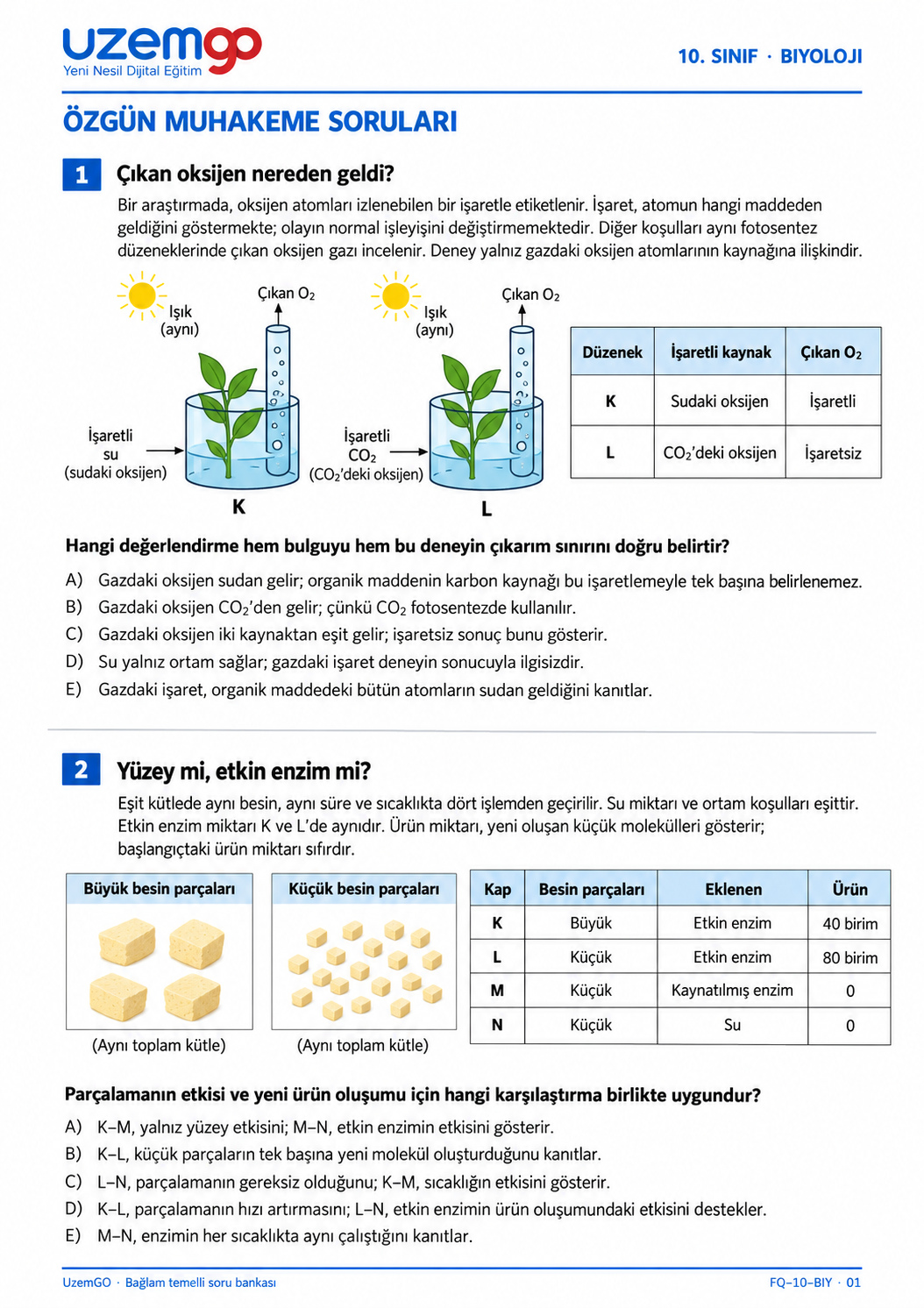 10. sınıf Biyoloji: 1. soru sayfası. Erişilebilir metin aşağıdadır.