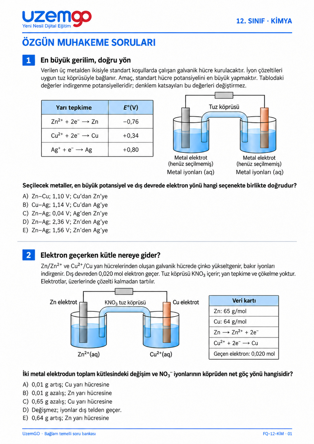 12. sınıf Kimya: 1. soru sayfası. Erişilebilir metin aşağıdadır.